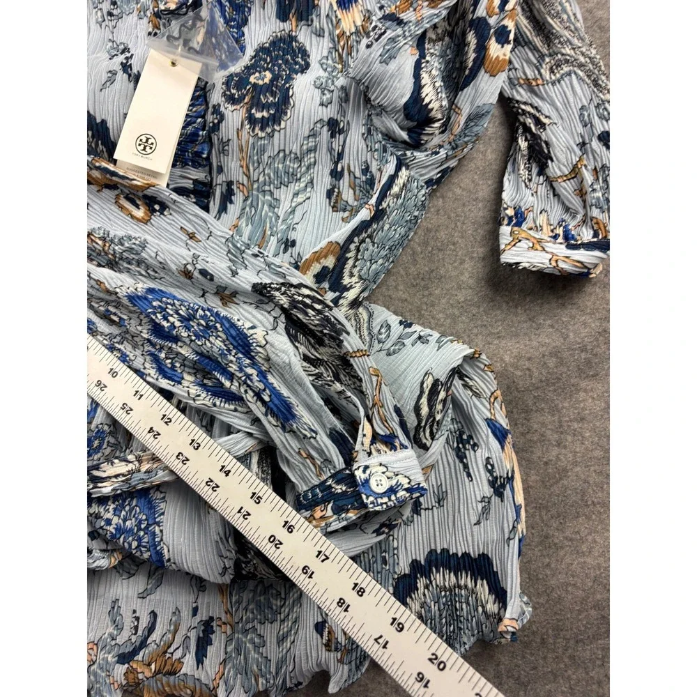 Tory Burch Deneuve Dress Blue Happy Times Floral Pleated Knee Length Womens 00